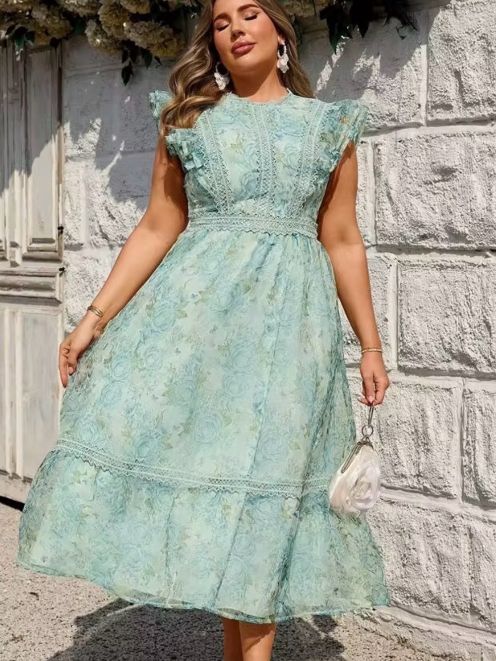 NWOT SHEIN Mint Green Lace-Trim Midi Dress